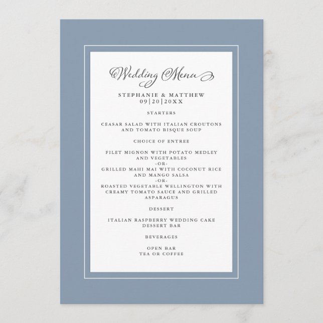 Menu Bordas Modernas e Elegantes para Casamento em Azul (Frente)