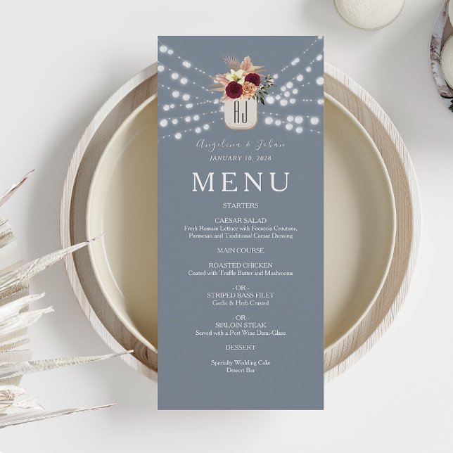 Menu Bordô Floral Azul Empoeirado Casamento (Criador carregado)