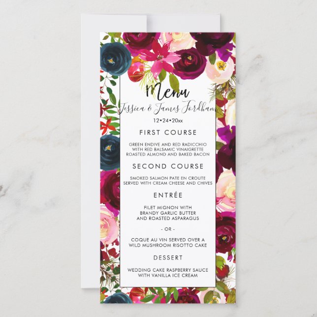 Menu Borgonha, Blush+Marinho Watercolor Flowers Ca (Frente)