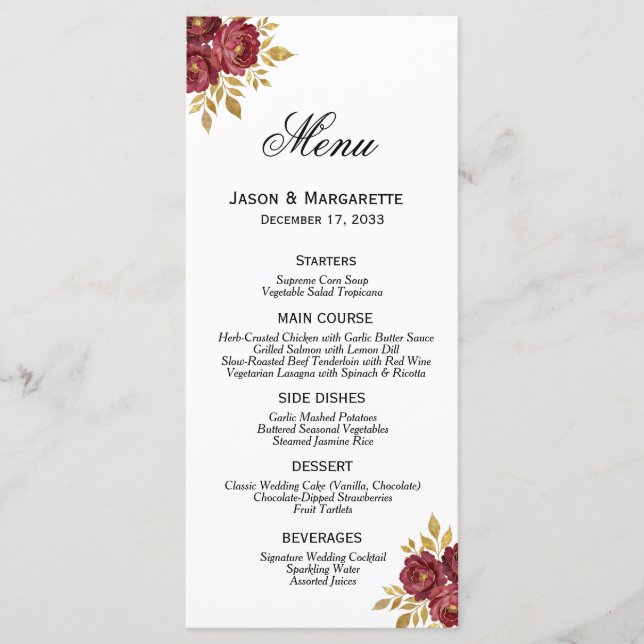 Menu Borgonha Dourado Florais Elegantes Moderno Simples (Frente)
