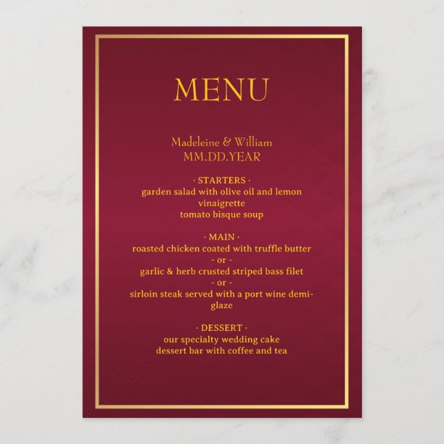 Menu Borgonha e Dourado Clássicos Elegantes (Frente)