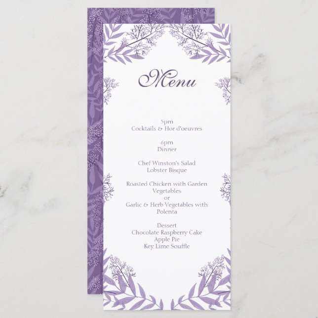 Menu Botânica de Casamento Roxo lavanda (Frente/Verso)