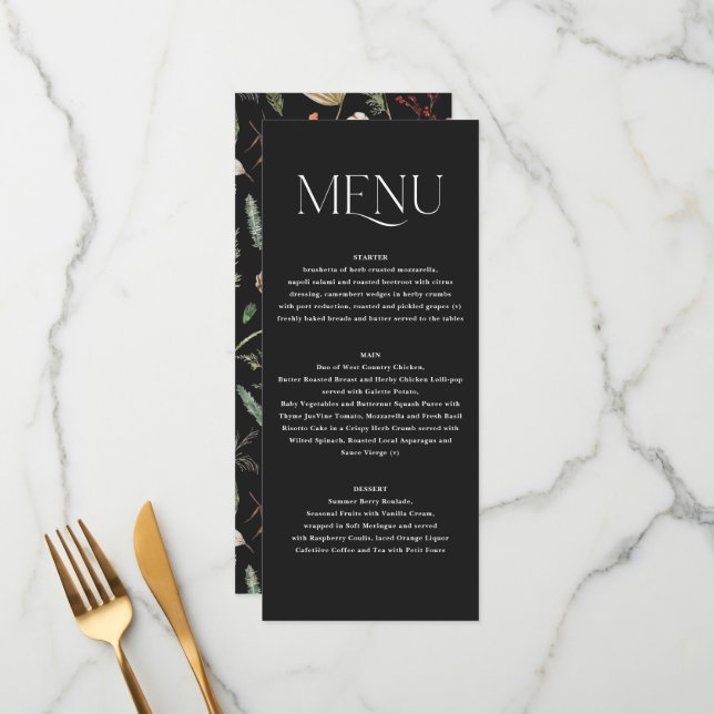 Menu Botânica floral aquarela para casamento preto e so (Frente/Verso In Situ)