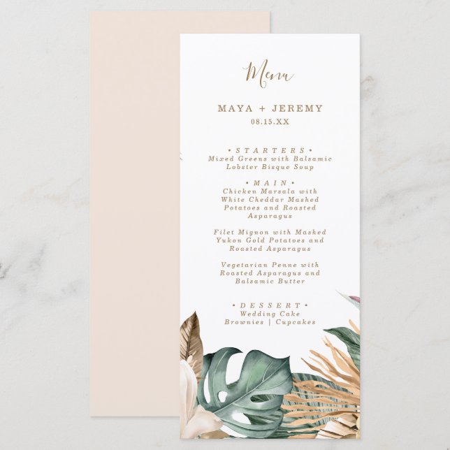 Menu Botânica Tropical Floral Dourado Rosa Casamento  (Frente/Verso)