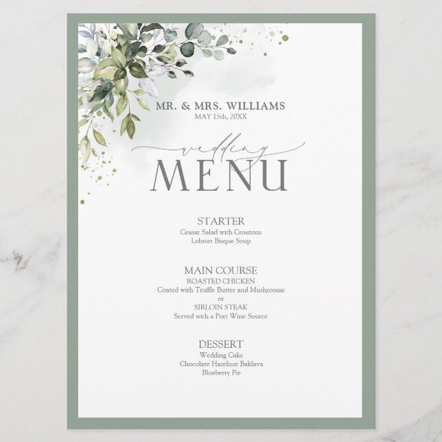 Menu Botânica Verde Floral Vidro-Cama Casamento (Frente)