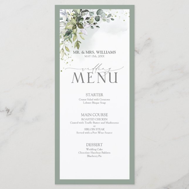 Menu Botânica Verde Floral Vidro-Cama Casamento (Frente)