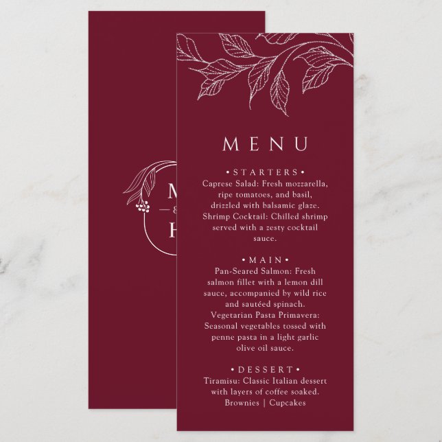 Menu Botanical Elegant Burgundy Wedding Dinner (Frente/Verso)