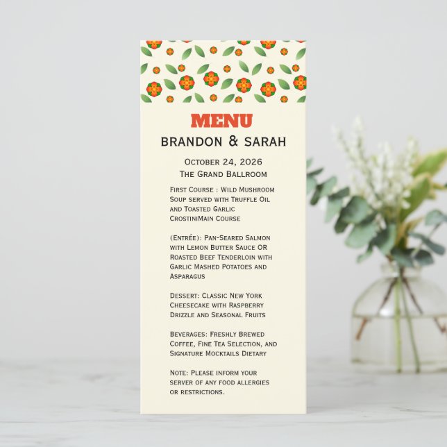 Menu Botânico Minimalista com Flor de Laranjeira (Em pé/Frente)