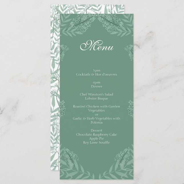 Menu Botânico Vintage de Casamento Verde Sage (Frente/Verso)