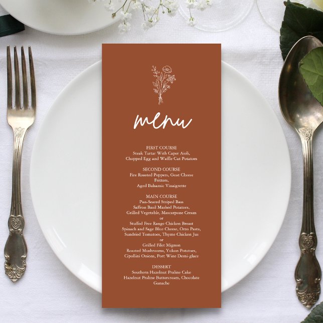 Menu Botânicos Minimalistas Boho Terracota Casamento (Terracotta boho botanical wedding menu adds earthy warmth while showcasing your dishes beautifully.)