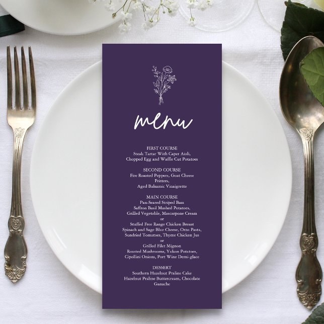 Menu Botânicos Minimalistas Roxos Terracota Casamento (Purple botanical wedding menu adds romantic charm while showcasing your dishes beautifully)
