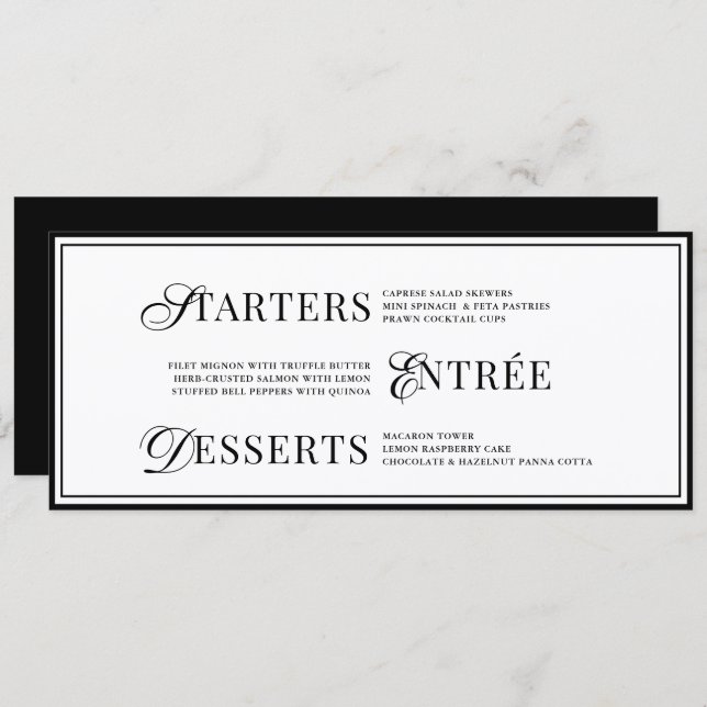 Menu Bow Classic Old Money Black  & White Wedding (Frente/Verso)