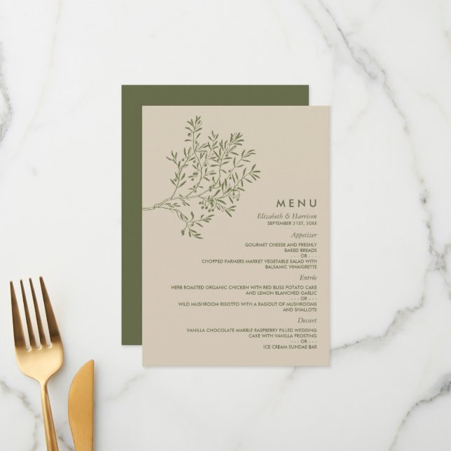 Menu Branch de oliveiras, Casamento Russo e Minimalista (Frente/Verso In Situ)