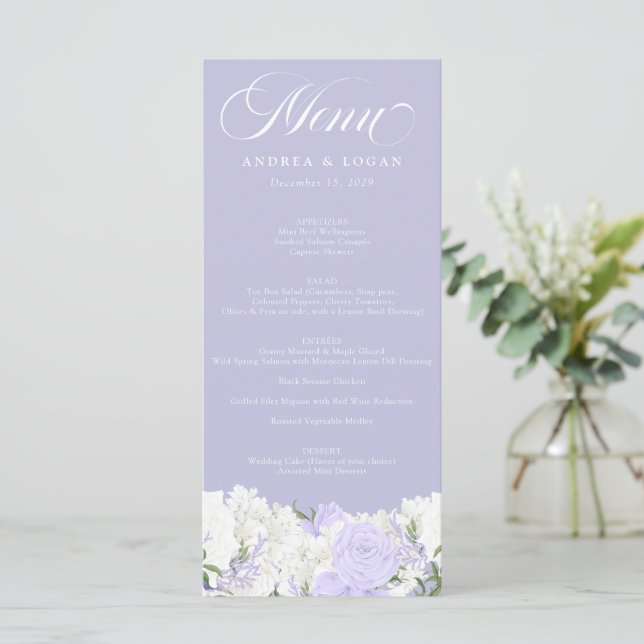 Menu Branco e Periwinkle | Cardápio de Casamento (Em pé/Frente)