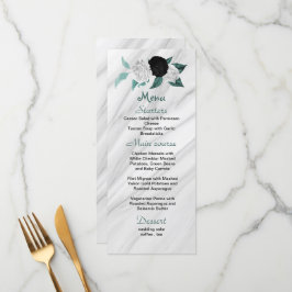 Menu branco preto e flores azuis lacustres belas bodas