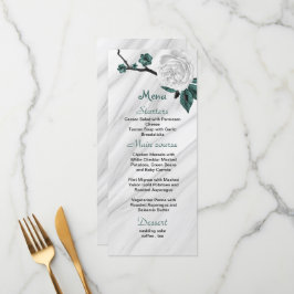 Menu branco preto e flores azuis lacustres belas bodas