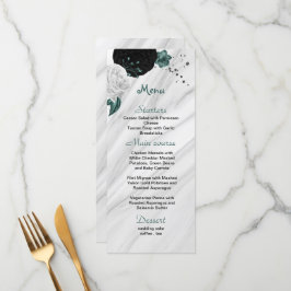 Menu branco preto e flores azuis lacustres belas bodas