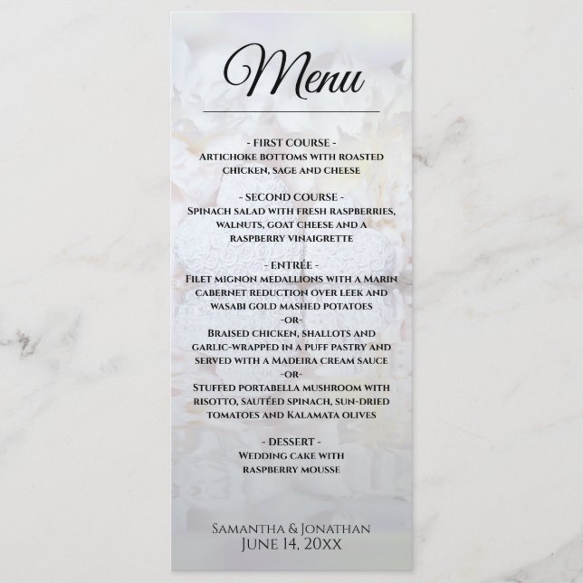 Menu Brancos e Corações Refletindo Casamento Elegante (Frente)