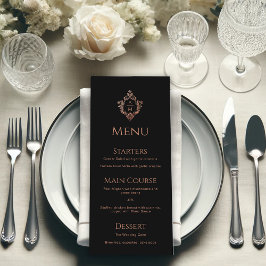 Menu Brasão Preto Vintage Monograma Elegante Casamento