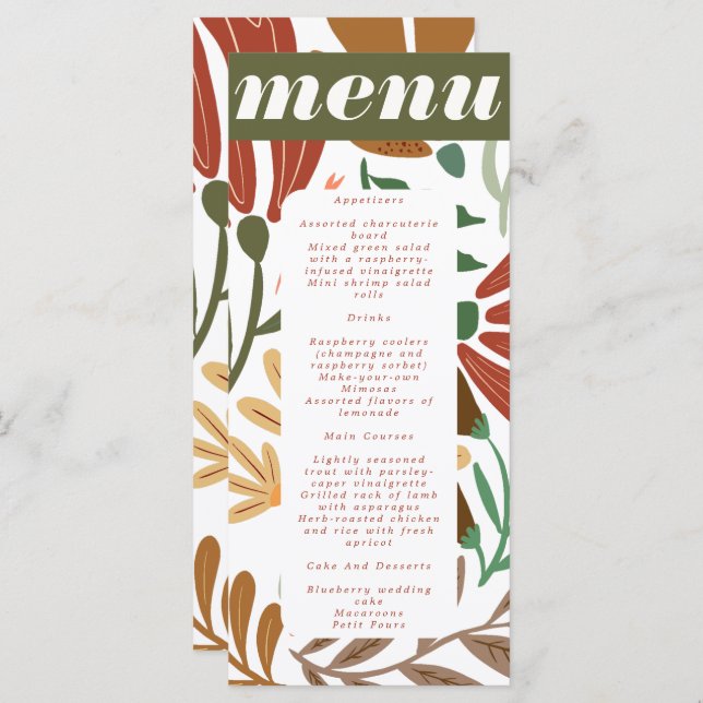 Menu Bright Boho Terracotta Abstrato Floral Weding (Frente/Verso)