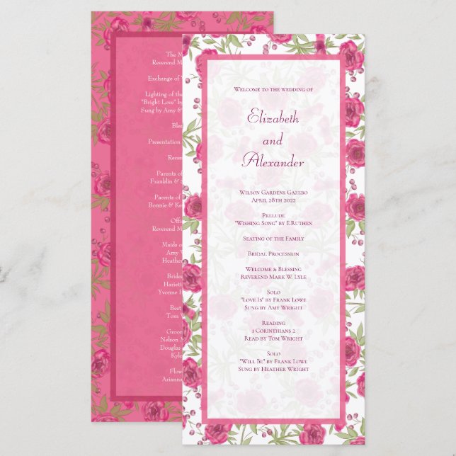 Menu Bright Pink Rose Wedding Programs (Frente/Verso)