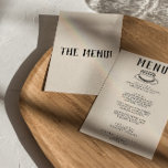 Menu Brincadeira Desenhada À Mão Moderna Retro Casament<br><div class="desc">Um menu janto de casamento preto e branco,  cor retrógrado e moderno. Que apresenta modelo design de chic de fundo leitoso cremoso e tipografia escrita à mão preta. Com bolo desenhado à mão. Perfeito e compatível com toda a suíte.</div>