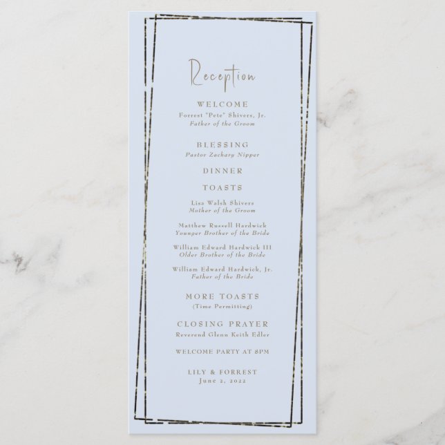 Menu Brinquedos de Casamento de Recepção Azul Elegante (Frente)