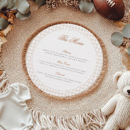 Menu Brown Gingham Teddy Bear Neutral Baby Shower Paper