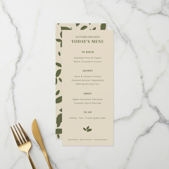 Menu Brunch de Outono | Folhas Caindo Oliva Verde (Frente/Verso In Situ)