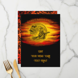 Menu bruxa voadora com gato preto, noite de halloween