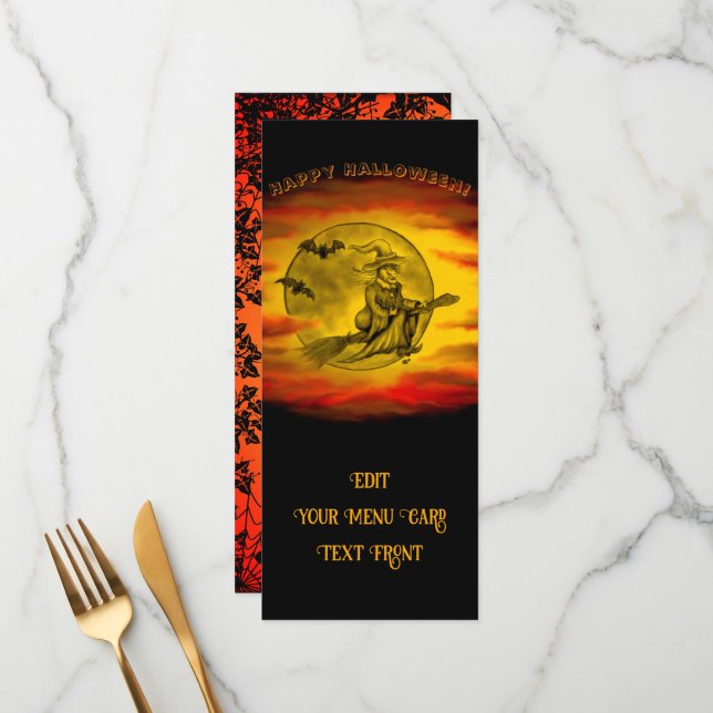 Menu bruxa voadora com gato preto, noite de halloween (Frente/Verso In Situ)