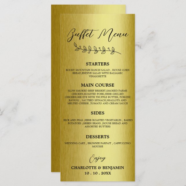 Menu Buffet de Casamento Dourado de Metal (Frente/Verso)