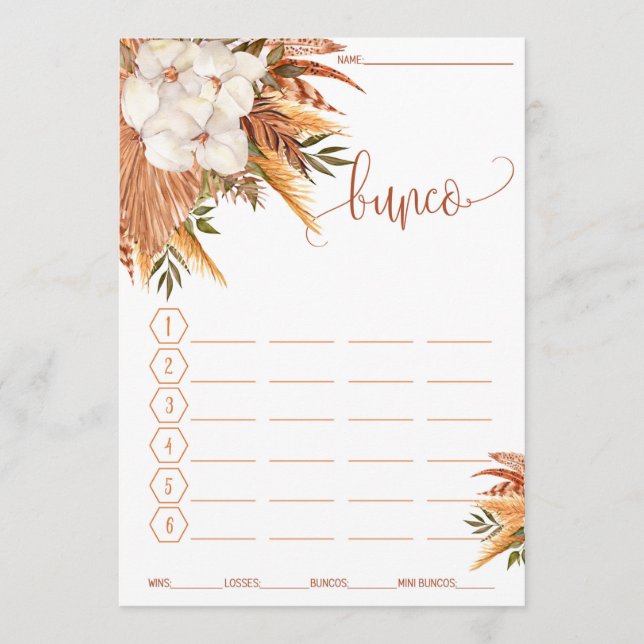 Menu Bunco Score Card Fall Floral Pampas Grass (Frente)