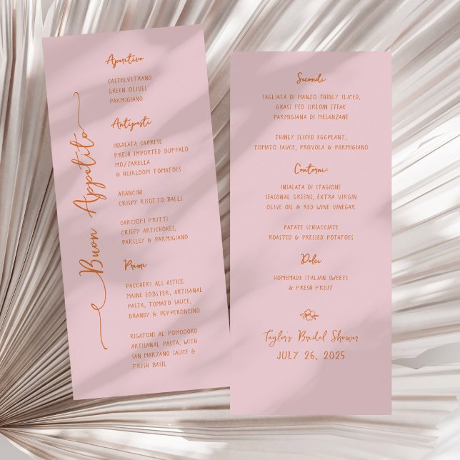 Menu Buon Appetito Cardápio Italiano Rosa Manuscrito (pink and orange "Buon Appetito" Italian bridal shower menu)