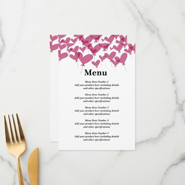 Menu Buquê de balões de coração vermelho único casament (Frente/Verso In Situ)