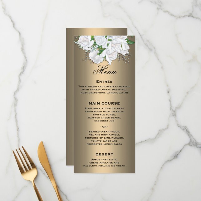 Menu Buquê de Rosa Branca Floral no Casamento de Bronze (Frente/Verso In Situ)