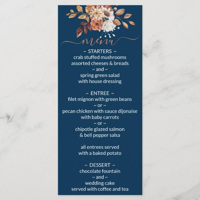 Menu Buquê Floral de Outono Azul Marinho Cardápio de Ca (Frente)