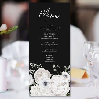 Menu Buquê Floral Elegante Preto e Branco Moderno