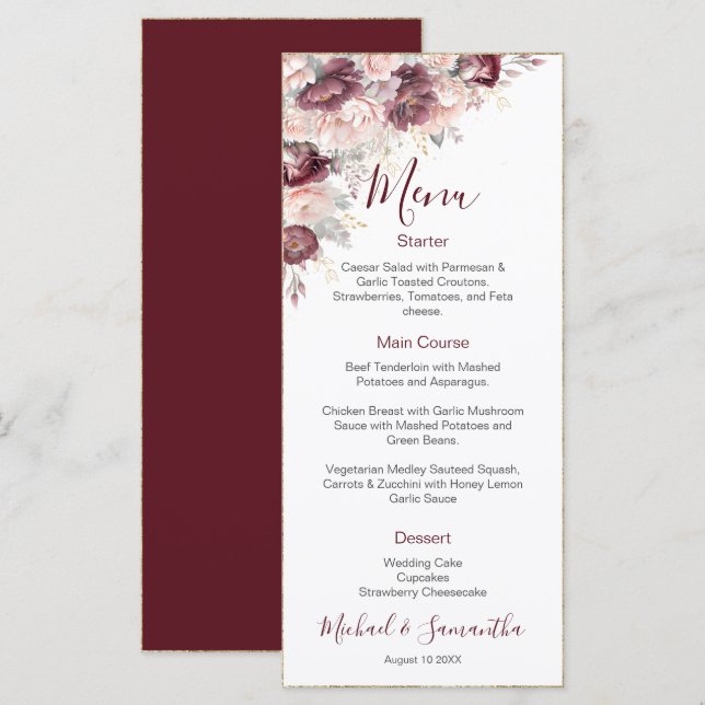 Menu Burgundy Blush Peony e Casamento de Rosas (Frente/Verso)