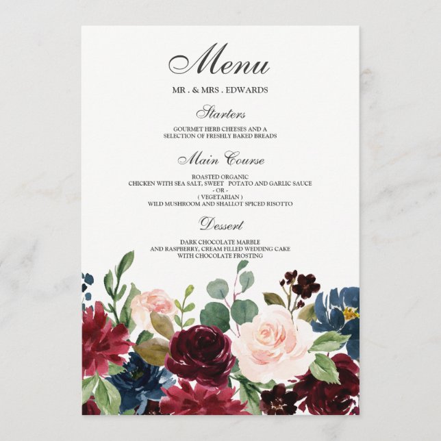 Menu Burgundy Blush Red Wine Flowers Modern Weds (Frente)