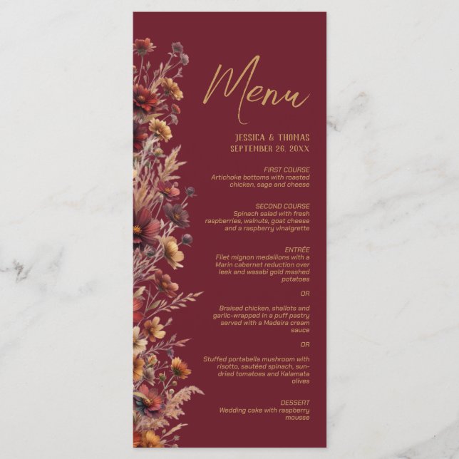 Menu Burgundy Boho Chic Wildflowers Elegant Wedding (Frente)