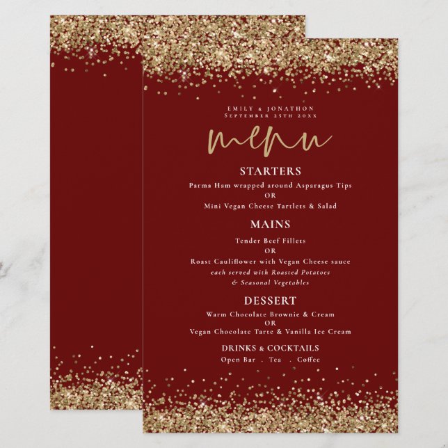 Menu Burgundy de Casamento de Script Glitter Doura (Frente/Verso)