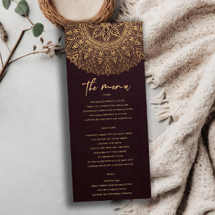 MENU BURGUNDY DOURADO CLASSIC ORNAMENTADO MANDALA WEDDI