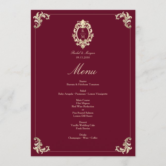 Menu Burgundy Gold Baroque Wedding Reception (Frente)