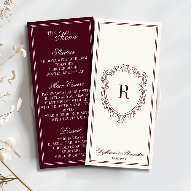 Menu Burgundy Ivory Monogram Crest Old Money Wedding (Criador carregado)