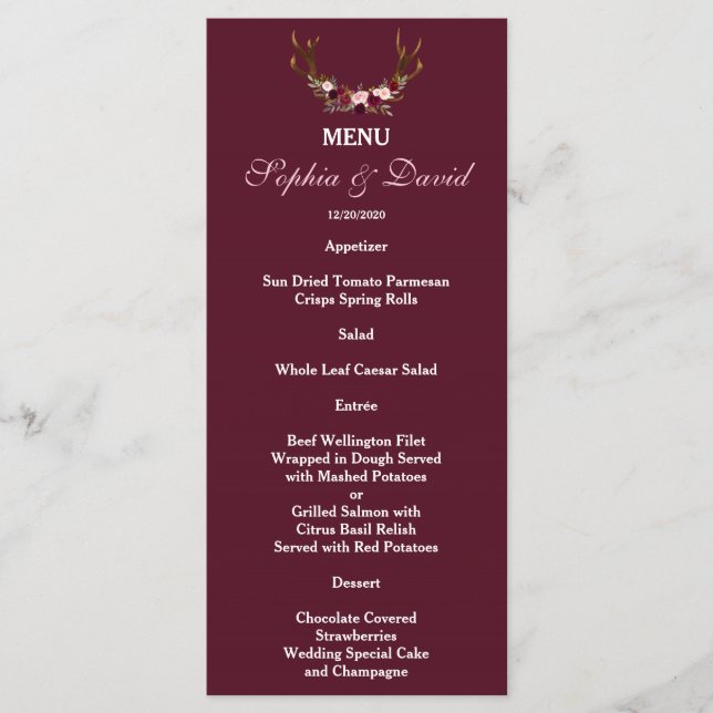 Menu Burgundy Marsala Floral Antlers (Frente)