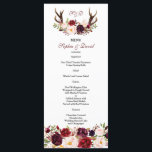 Menu Burgundy Marsala Floral Antlers Monograma<br><div class="desc">Rústico Burgundy Red Blush Floral Antlers monograma design com buquês florais de cor d'água, setas com corações e buquê floral como divisor; no verso um fundo real de burlôncio com buquês elegantes de canto floral de cor d'água. Use a ferramenta Personalizar para adicionar suas informações. Você pode mudar fontes, cores....</div>