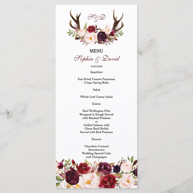 Menu Burgundy Marsala Floral Antlers Monograma (Frente)