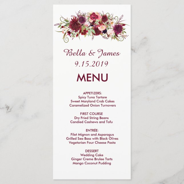 Menu Burgundy Marsala Red Floral (Frente)