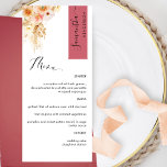 Menu Burgundy, Peach Blush Personalizado com Nome de Co<br><div class="desc">Porquê gastar cartões de lugar e cartões de menu quando pode ter um Menu elegante All-in-one personalizado com cada nome de convidado! Design contemporâneo, simples e elegante com detalhes florais de cor d'água refinados numa bela mistura de pêssego, laranja, pincel, rosa poeirento, creme e matizes de champanhe. Elementos modernos de...</div>